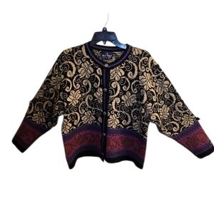 SKJAEVELAND Vintage Tapestry Knit Cardigan Floral Paisley Button Front